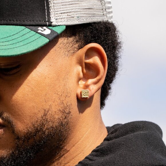 Mens 3D Iced Square 14K Gold Plated Nugget CZ Stud Screw back Stud Earrings - Picture 3 of 6